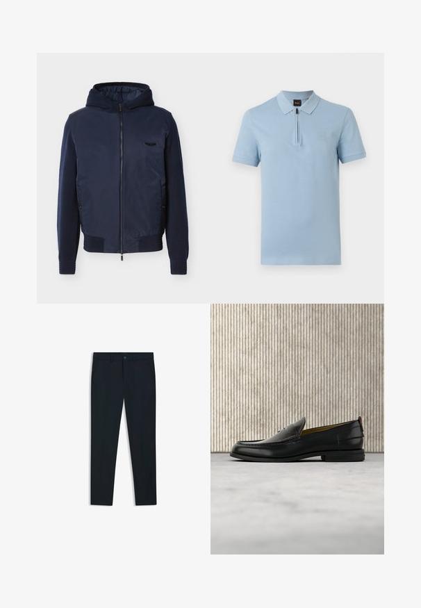 Marineblauwe capuchontrui met ritssluiting, geribbelde manchetten en zoom, zijzakken en een klein zwart embleem op de linkerborst.; Lichtblauw poloshirt met korte mouwen, een ritskraag en een klein vierkant logoplaatje op de linkerborst.; Marineblauwe, op maat gemaakte broeken van een gladde stof; voorzien van steekzakken, riemlussen en een knoopsluiting. Rechtaf lopend ontwerp.; Zwarte leren herenslipper met een krokodillen-embossed voorblad en een lage hak, zij-aanzicht op een neutrale achtergrond.