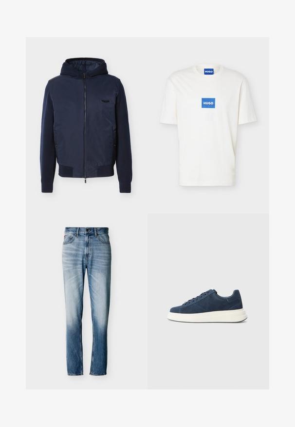 Chaqueta con capucha y cremallera en azul marino, puños y dobladillo acanalados, bolsillos laterales y pequeño emblema negro en el pecho izquierdo.; Camiseta blanca de manga corta con cuello redondo y un logo rectangular azul con la palabra "HUGO" centrado en el pecho y en el interior del cuello.; Vaqueros azules desgastados de pierna recta con cinco bolsillos, cierre de botón y trabillas para cinturón, mostrados extendidos sobre un fondo blanco.; Zapatillas de ante azul marino con suela de goma blanca, que cuentan con seis ojales, un forro texturizado y un diseño minimalista con sutiles detalles de costura.