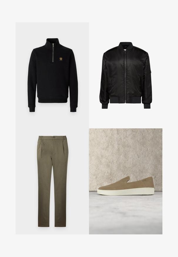 Schwarze Bomberjacke mit Frontreißverschluss, geripptem Kragen, Bündchen und Saum sowie zwei vorderen Reißverschlusstaschen auf weißem Hintergrund.; Schwarzer Reißverschluss-Hoodie aus Baumwollmischung, mit hohem Kragen, gerippten Bündchen und einem goldenen Logo-Patch auf der Brust.; Olivgrüne Herren-Casualhose mit elastischem Bund an den Seiten, Knopfverschluss und Vordertaschen, flach auf hellem Hintergrund ausgelegt.; Beiger Slipper mit weißer Sohle, in der Luft über einem hellen Teppich schwebend, mit bernsteinfarbenen transparenten Möbeln im Hintergrund.