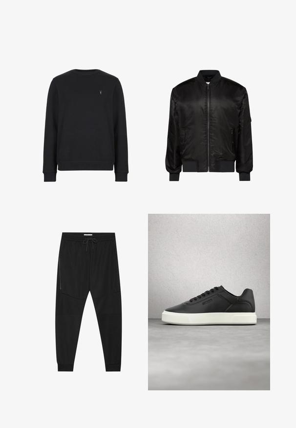 Schwarze Bomberjacke mit Frontreißverschluss, geripptem Kragen, Bündchen und Saum sowie zwei vorderen Reißverschlusstaschen auf weißem Hintergrund.; Schwarzer Sweatshirt aus Baumwollmischung, mit Rundhalsausschnitt, langen Ärmeln und einem kleinen gestickten Logo auf der Brust.; Schwarze Sporthosen aus strukturiertem Stoff, mit verstellbarem Bund, seitlicher Reißverschlusstasche und schmal zulaufenden Bündchen.; Schwarze Ledersneaker mit weißer Gummisohle, rundlicher Zehenpartie und flachen Schnürsenkeln. Strukturierte Akzente an den Seiten, minimalistisches Design.