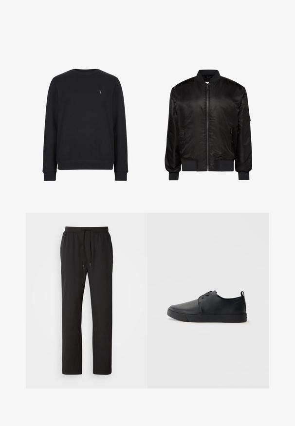Schwarze Bomberjacke mit Frontreißverschluss, geripptem Kragen, Bündchen und Saum sowie zwei vorderen Reißverschlusstaschen auf weißem Hintergrund.; Schwarzer Sweatshirt aus Baumwollmischung, mit Rundhalsausschnitt, langen Ärmeln und einem kleinen gestickten Logo auf der Brust.; Schwarze Jogginghosen aus leichtem Stoff, mit einem elastischen Bund und verstellbaren Kordeln sowie Seitentaschen. Glatte Textur.; Schwarze Leder-Sneaker mit glatter Oberfläche, abgerundeter Zehenpartie, gleichfarbiger Nähte, schnürbarem Vorderteil und flacher Gummisohle. Schlaufe an der Ferse.