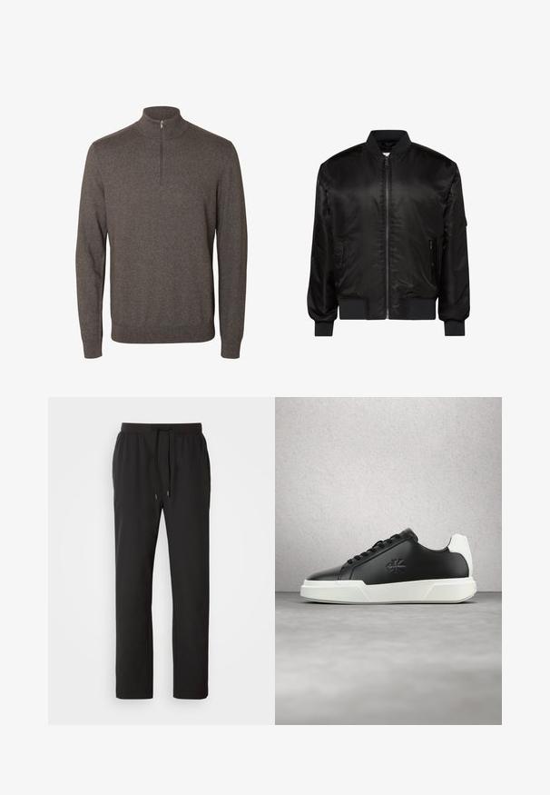Veste bomber noire avec fermeture éclair devant, col, poignets et ourlet côtelés, et deux poches zippées à l'avant sur fond blanc.; Pull marron à manches longues avec col à demi-fermeture éclair et poignets et ourlet côtelés sur fond blanc.; Pantalons de jogging noirs en tissu léger, dotés d'une taille élastique avec cordons de serrage réglables et poches latérales. Texture lisse.; Baskets en cuir noir à bout rond, semelle en caoutchouc blanche et lacets noirs. Présentent un logo sur le côté et un accent de talon blanc contrastant.