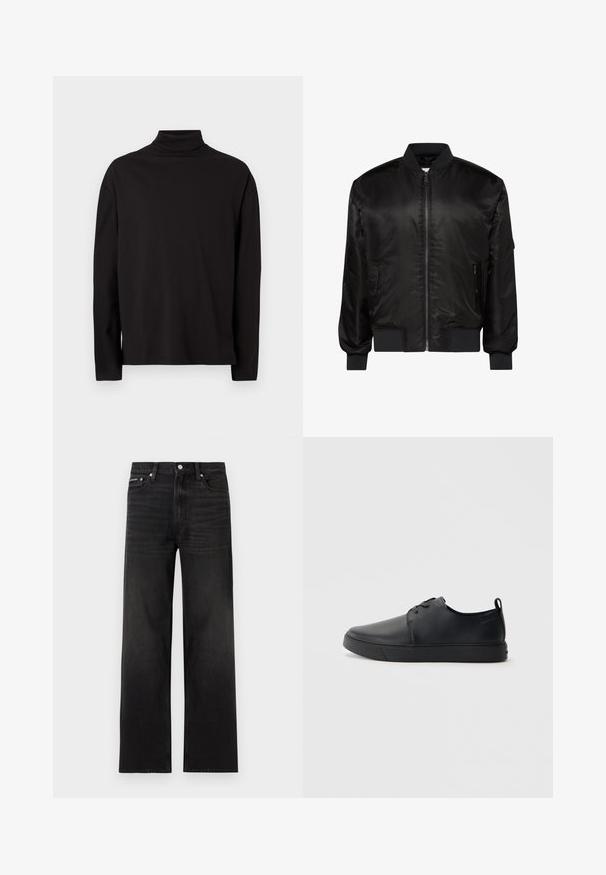 Chaqueta bomber negra con cremallera frontal, cuello, puños y dobladillo acanalados, y dos bolsillos delanteros con cremallera sobre fondo blanco.; Suéter de cuello vuelto negro de manga larga, elaborado con una tela suave y lisa, que tiene un corte holgado y carece de patrones o acentos visibles.; Jeans negros de pierna recta con diseño de cinco bolsillos, presillas para cinturón y cierre de botón, mostrados sobre un fondo blanco.; Zapatilla negra de cuero con acabado suave, punta redondeada, costuras a tono, cordones en la parte delantera y suela de goma plana. Asa en el talón.