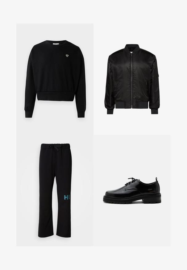 Sort bomberjakke med frontlynlås, ribkrave, manchetter og kant samt to forlommer med lynlås på hvid baggrund.; Sort cropped sweatshirt med rund halsudskæring, lange ærmer og et lille broderet logo på brystet, lavet af en blød bomuldsblanding.; Sorte træningsbukser med snøre i taljen, der har et vidt bendesign og turkis "HUGO"-tekst på venstre ben. Blød stofstruktur.; Sort poleret læder snørestøvle med tyk gummisål og lav hæl, sideskilt med mærketekst "SAMSOE" og bageste træksnor.