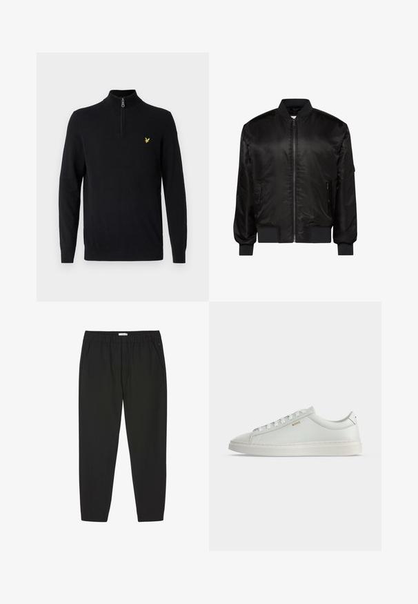 Chaqueta bomber negra con cremallera frontal, cuello, puños y dobladillo acanalados, y dos bolsillos delanteros con cremallera sobre fondo blanco.; Jersey negro con cremallera en el cuello, hecho de una tela suave, con mangas largas y un pequeño logo amarillo en el pecho izquierdo.; Pantalones negros con cintura elástica, piernas rectas y bolsillos laterales, diseñados para uso casual o profesional.; Zapatilla blanca de cuero de corte bajo con cordones, suela plana y pequeño logo dorado "BOSS" en el lateral, vista desde el lado exterior.