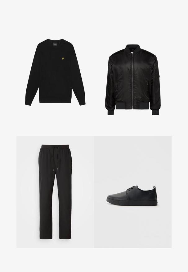 Zwarte bomberjas met rits aan de voorkant, geribde kraag, manchetten en zoom en twee voorzakken met rits op een witte achtergrond.; Zwarte katoenen sweatshirt met lange mouwen en een ronde hals. Voorzien van een klein geel adelaarslogo op de borst. Zachte textuur.; Zwarte joggingbroeken van lichtgewicht stof, met een elastische tailleband en verstelbare trekkoorden, evenals zijzakken. Soepele textuur.; Zwarte leren sneaker met een gladde afwerking, ronde neus, tonale stiknaden, vetersluiting aan de voorkant en een vlakke rubberen zool. Lussje aan de hak.