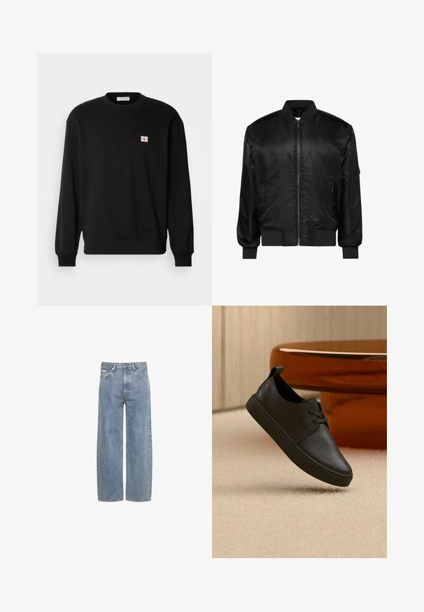 Schwarze Bomberjacke mit Frontreißverschluss, geripptem Kragen, Bündchen und Saum sowie zwei vorderen Reißverschlusstaschen auf weißem Hintergrund.; Schwarzer Baumwoll-Pullover mit Rundhalsausschnitt und langen Ärmeln, mit einem kleinen, rechteckigen Logo-Patch auf der Brust und gerippten Bündchen.; Hellblaue Jeans mit geradem Bein, vorderem Knopf- und Reißverschluss, Gürtelschlaufen und Fünf-Taschen-Design.; Schwarzer Freizeit-Sneaker aus Leder mit Schnürsenkeln, schwebt über einem beigen Teppich, im Hintergrund ein bernsteinfarbenes, rundes Glastisch.
