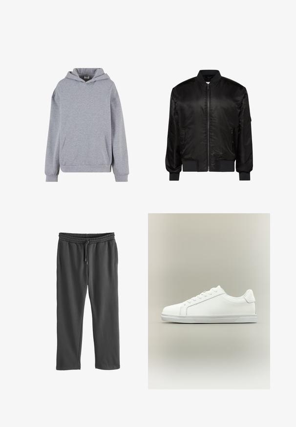 Must must bomber-tüüpi jakk esipidise luku, soonikraede, -varrukate ja -äärega ning kahe esiküljel lukuga taskuga valgel taustal.; Helehall halli pullover kapuutsiga, pikkade varrukatega, eesmine kängurutasku ja soonikkoes mansettidega valgel taustal.; Hallid dressipüksid elastse vöökoht ja reguleeritav pael. Valmistatud pehmest kangast, küljetaskudega ja lõdva lõikega.; Madal valge tennisejalanõu paeltega esiküljel ja tekstuuriga kummist tallaga, neutraalse ühevärvilise tausta ees.