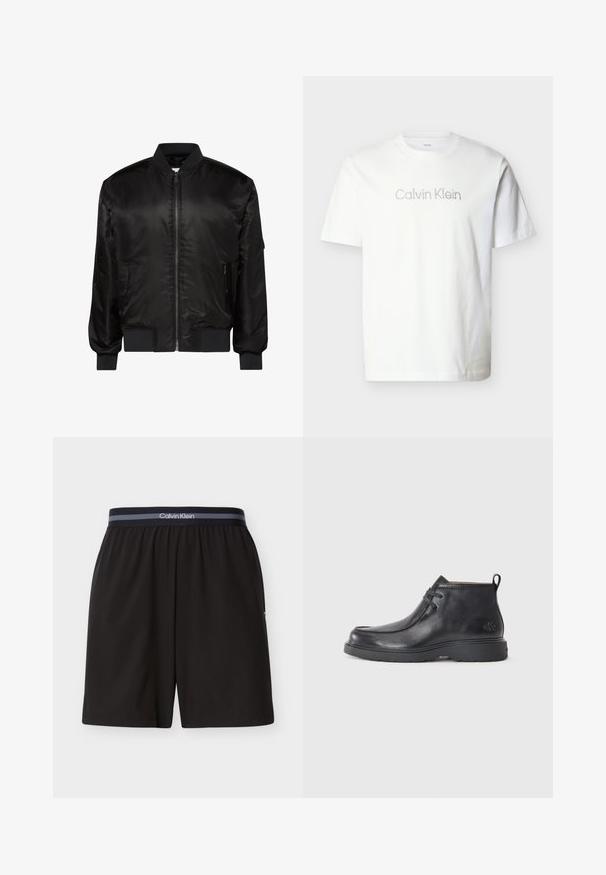 Veste bomber noire avec fermeture éclair devant, col, poignets et ourlet côtelés, et deux poches zippées à l'avant sur fond blanc.; T-shirt blanc à manches courtes en coton, avec un logo "Calvin Klein" gris sur la poitrine en police minimaliste.; Shorts noirs Calvin Klein pour hommes avec taille élastique et bande de marque, longueur au genou, design uni, présentés à plat sur fond blanc.; Bottes noires en cuir à talon arrondi, avec un design à lacets et une languette à l'arrière. Tige texturée et semelle en caoutchouc.