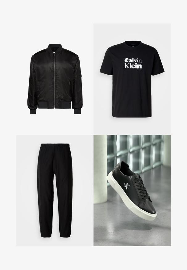 Chaqueta bomber negra con cremallera frontal, cuello, puños y dobladillo acanalados, y dos bolsillos delanteros con cremallera sobre fondo blanco.; Camiseta de algodón negra con un destacado logo blanco de "Calvin Klein", cuello redondo, mangas cortas y corte estándar.; Pantalones de chándal negros con cintura elástica, piernas ajustadas y dobladillos. Textura de tela suave. Detalle del logo en un lado.; Zapatilla deportiva de cuero negro con suela de goma blanca y el logo "CK Calvin Klein" en el lateral, mostrada sobre un fondo de vidrio con azulejos.