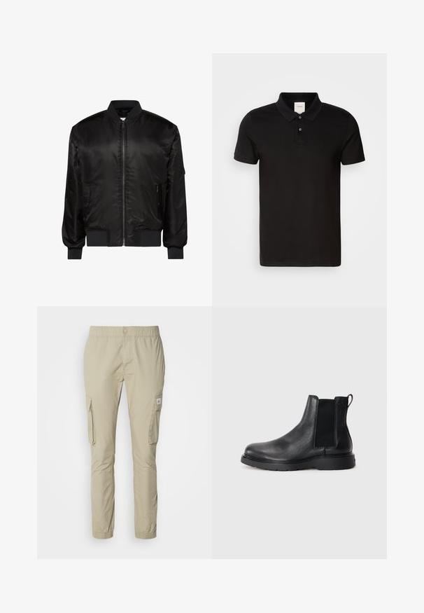 Veste bomber noire avec fermeture éclair devant, col, poignets et ourlet côtelés, et deux poches zippées à l'avant sur fond blanc.; Polo shirt noir en tissu lisse avec un col classique. Il présente deux boutons au cou, des manches courtes et un logo discret sur la poitrine.; Pantalons cargo beige avec une taille élastique, deux poches cargo latérales et une texture lisse. Elle comporte un petit logo cousu sur la poche.; Bottes Chelsea en cuir noir avec une finition texturée, des panneaux latéraux élastiques et une semelle en caoutchouc robuste. Branding subtil sur le talon.