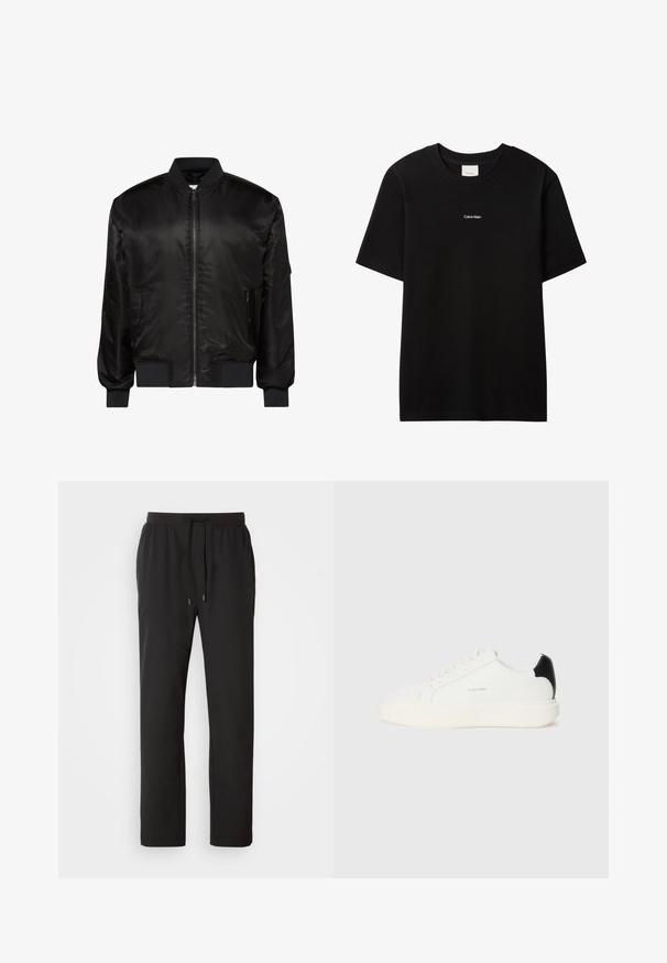 Veste bomber noire avec fermeture éclair devant, col, poignets et ourlet côtelés, et deux poches zippées à l'avant sur fond blanc.; T-shirt en coton noir avec col rond et manches courtes. Présente un petit logo "Calvin Klein" blanc sur le devant. Coupe classique et lisse.; Pantalons de jogging noirs en tissu léger, dotés d'une taille élastique avec cordons de serrage réglables et poches latérales. Texture lisse.; Baskets en cuir blanc avec un accent noir à l'arrière, présentant un bout rond, des lacets plats et une épaisse semelle blanche. Logo Calvin Klein affiché.