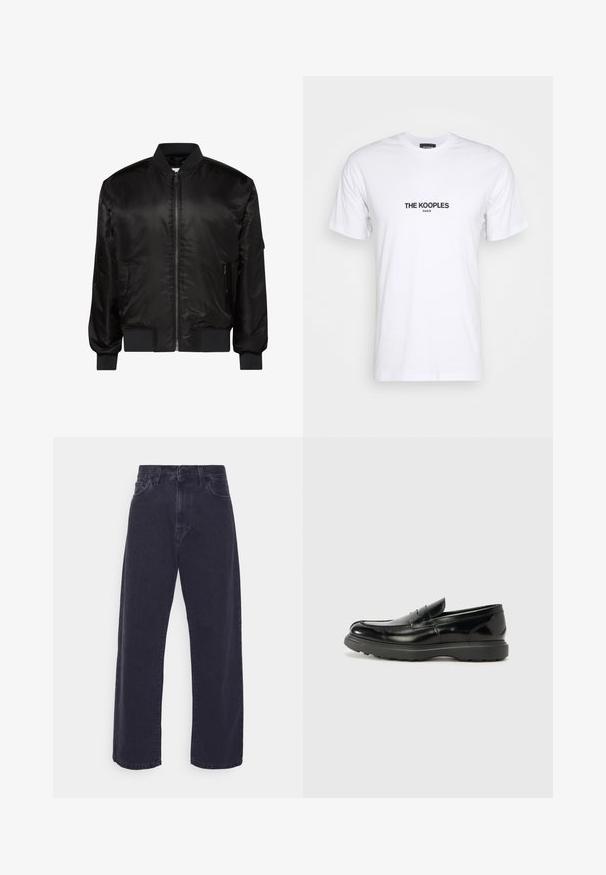 Sort bomberjakke med frontlynlås, ribkrave, manchetter og kant samt to forlommer med lynlås på hvid baggrund.; Hvid bomulds t-shirt med rund hals og korte ærmer. Trykt sort tekst "THE KOOPLES PARIS" centreret på forsiden.; Mørk vaske denim jeans med en bred ben silhuet, høj talje og fem-lomme design. Har en klassisk knap- og lynlåslukning.; Sort læderloafer med en blank finish, rund tå, subtile syninger og en tyk gummisål for holdbarhed.