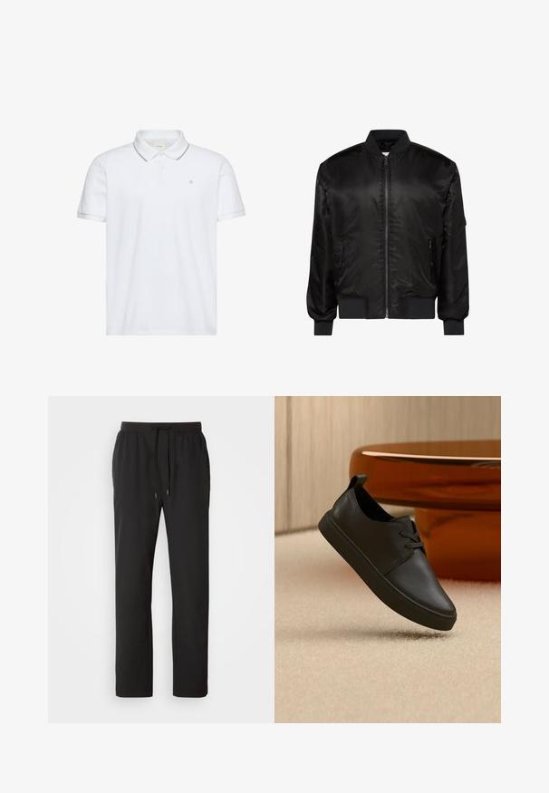 Schwarze Bomberjacke mit Frontreißverschluss, geripptem Kragen, Bündchen und Saum sowie zwei vorderen Reißverschlusstaschen auf weißem Hintergrund.; Weißes Poloshirt mit kurzen Ärmeln, Zwei-Knopf-Leiste, grauem Besatz an Kragen und Bündchen sowie kleinem auf der Brust aufgesticktem "ck"-Logo.; Schwarze Jogginghosen aus leichtem Stoff, mit einem elastischen Bund und verstellbaren Kordeln sowie Seitentaschen. Glatte Textur.; Schwarzer Freizeit-Sneaker aus Leder mit Schnürsenkeln, schwebt über einem beigen Teppich, im Hintergrund ein bernsteinfarbenes, rundes Glastisch.
