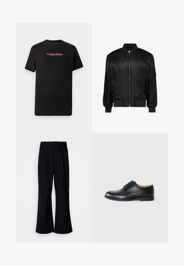 Zwarte bomberjas met rits aan de voorkant, geribde kraag, manchetten en zoom en twee voorzakken met rits op een witte achtergrond.; Zwarte T-shirt met korte mouwen, gemaakt van katoen, met een centraal Calvin Klein-logo in rood en wit, voorzien van een ronde hals en een ontspannen pasvorm.; Zwarte wijde pantalon van katoen met een voorkruis, voorzien van een knoopsluiting en riemlussen, met een soepele textuur en zonder zichtbare patronen.; Calvin Klein ESS DERBY - Veterschoenen - triple black