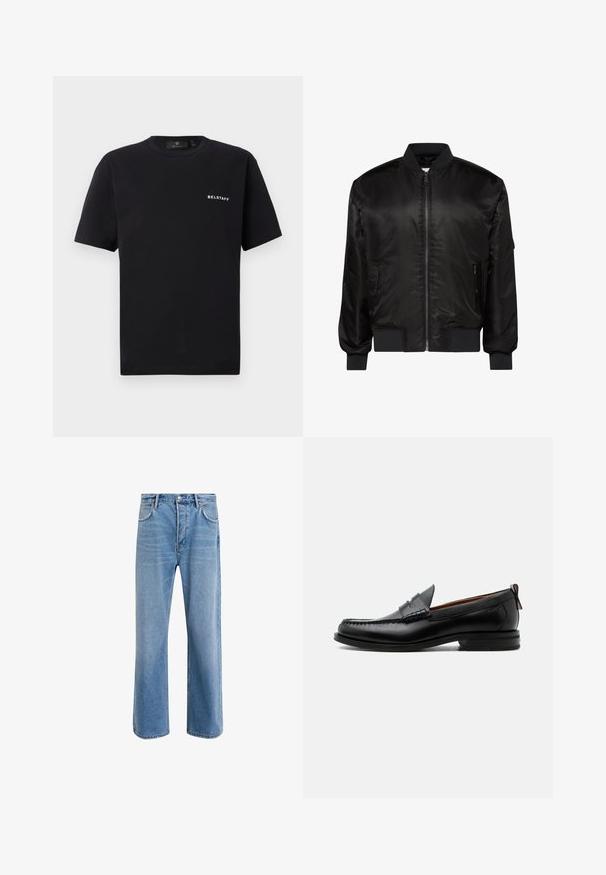 Sort bomberjakke med frontlynlås, ribkrave, manchetter og kant samt to forlommer med lynlås på hvid baggrund.; Sort kortærmet T-shirt med rund halsudskæring og lille hvid "BELSTAFF" logo på venstre bryst mod en ensfarvet baggrund.; Lyseblå denim jeans med lige ben-design, fem lommer, knaplukning, minimal falming og kontraststingdetaljer.; Sort læder herre loafer med moc-tå syning, penny strop, struktureret krave og lav stablet hæl på hvid baggrund.