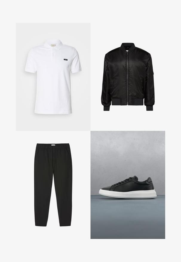 Veste bomber noire avec fermeture éclair devant, col, poignets et ourlet côtelés, et deux poches zippées à l'avant sur fond blanc.; Polo shirt en coton blanc avec un col classique, des manches courtes et un petit logo Calvin Klein noir sur la poitrine gauche.; Pantalon noir avec taille élastique, jambes droites et poches latérales, conçu pour un usage décontracté ou professionnel.; Baskets en cuir noir avec une finition lisse, semelle en caoutchouc blanc, forme arrondie, six œillets pour les lacets et une marque discrète sur le talon.