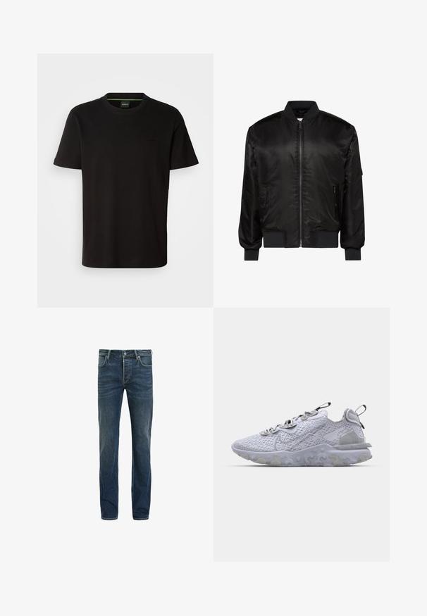 Musta bomber-takki, jossa edessä vetoketju, resorikaulus, hihansuut ja helma sekä kaksi vetoketjullista etutaskua valkoisella taustalla.; Musta lyhythihainen t-paita, joka on valmistettu puuvillasta. Paitassa on pyöreä pääntie ja hienovarainen kohotettu logo rinnassa. Tasainen pinta ja normaali istuvuus.; Tummansiniset farkut, joissa on suora leikkaus. Klassinen viisi-taskuinen malli ja vetoketjulla varustettu nappisulku.; Vaaleanharmaat urheiluaddut, joissa on hengittävä verkkomateriaali päälliosassa, teksturoitu kumipohja ja heijastavat yksityiskohdat. Mukana pehmustettu nilkkaremmi ja nauhakiinnitys.