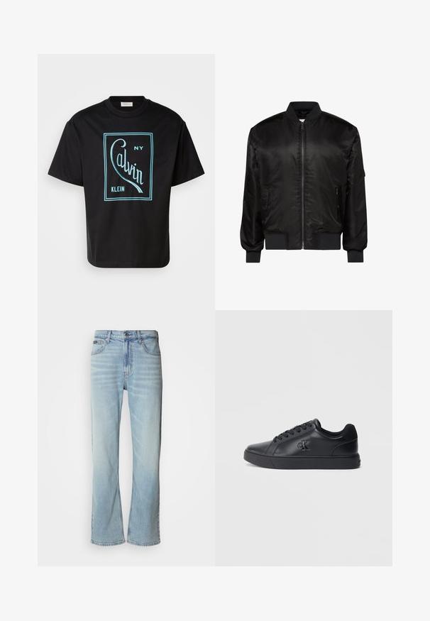 Chaqueta bomber negra con cremallera frontal, cuello, puños y dobladillo acanalados, y dos bolsillos delanteros con cremallera sobre fondo blanco.; Camiseta de algodón negra con un atrevido diseño gráfico turquesa que dice "Calvin Klein NY" dentro de un contorno rectangular. Mangas cortas.; Jeans de mezclilla azul claro con corte recto, que cuentan con cinco bolsillos, un cierre de botón y un ligero desvanecimiento en la tela.; Zapatillas negras de cuero con diseño de cordones, suela de goma y logo en relieve en el lateral, que presentan una textura suave y un estilo minimalista.