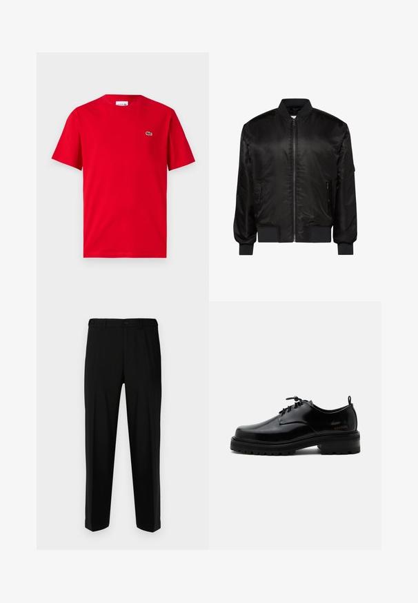 Schwarze Bomberjacke mit Frontreißverschluss, geripptem Kragen, Bündchen und Saum sowie zwei vorderen Reißverschlusstaschen auf weißem Hintergrund.; Rotes Baumwoll-T-Shirt mit kurzen Ärmeln, Rundhalsausschnitt und kleinem grünen Krokodil-Logo auf der linken Brust. Glatte Textur, lässige Passform.; Schwarze Hosen aus glattem Stoff, mit geradem Schnitt, zwei vorderen Taschen und einem Reißverschluss mit Knopfverschluss.; Schwarzer polierter Lederschnürschuh mit dicker Gummisohle und niedrigem Absatz, seitlichem Marken-Schriftzug "SAMSOE" und hinterer Zuglasche.