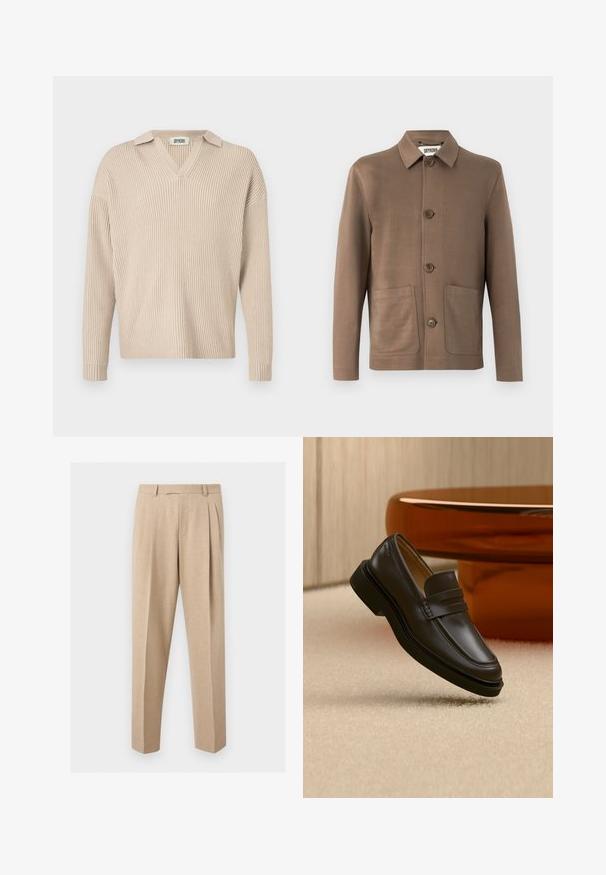 Veste marron avec un col, fermeture à boutons et deux poches avant. Tissu lisse, design minimaliste et coutures discrètes.; Pull à col V en tricot côtelé beige, avec des manches longues et une coupe décontractée, fabriqué dans un tissu doux et texturé.; Pantalon beige sur mesure avec plis sur le devant, passants de ceinture et jambes droites, présenté sur un fond clair et uni.; Mocassin en cuir noir flottant au-dessus d'un tapis beige avec des meubles arrondis marron en arrière-plan.