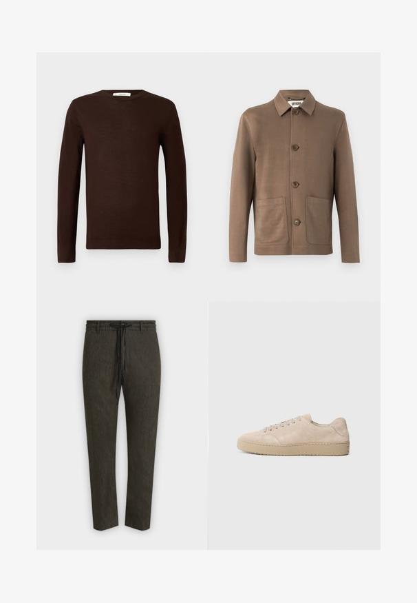 Veste marron avec un col, fermeture à boutons et deux poches avant. Tissu lisse, design minimaliste et coutures discrètes.; Pull à col rond à manches longues de couleur brun foncé avec des poignets et un ourlet côtelés, présenté sur un fond blanc uni.; Pantalon droit vert olive foncé avec taille élastique et cordon noir, présenté à plat sur fond gris clair.; Baskets en daim beige avec un bout rond, des lacets plats et une semelle en caoutchouc texturé. Design minimaliste avec des bords lisses et des coutures discrètes.