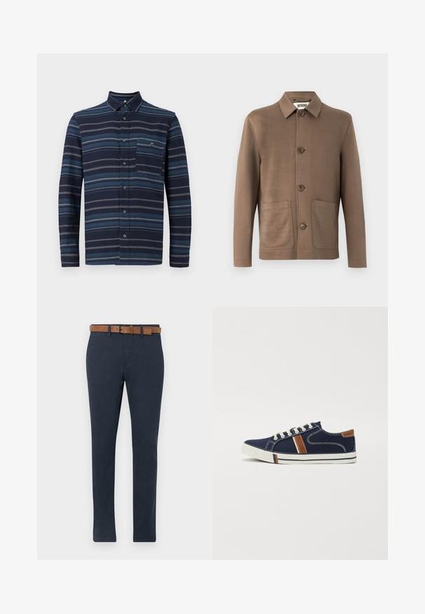 Brun jakke med krave, knaplukning og to forlommer. Glat stof, minimalistisk design og diskrete syningsdetaljer.; Langærmet skjorte med knapper, der har en marineblå baggrund med varierende blå vandrette striber, en krave og en brystlomme. Blød tekstur.; Mørkeblå chinos lavet af bomuld med en glat tekstur. Har et brunt ruskindsbælte med spænde og lige ben-design.; Marineblå lærredssneakers med hvid snørelukning, brune accenter og sidestipede detaljer. Har en gummisål og kontrasterende syninger.