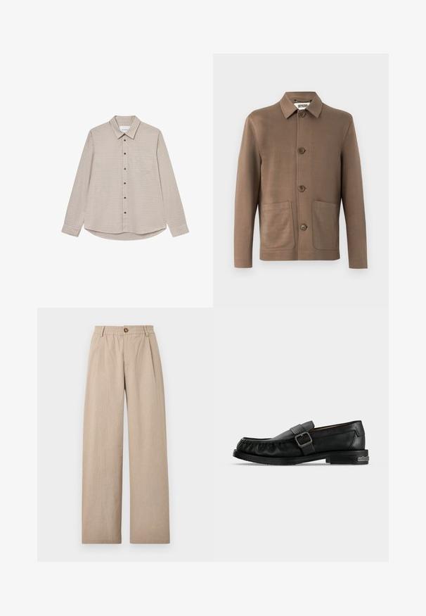 Braune Jacke mit Kragen, Knopfverschluss und zwei Fronttaschen. Glatter Stoff, minimalistisches Design und dezente Nähte.; Braun- und beige kariertes Langarmhemd mit Button-Down-Kragen, Brusttasche und braunen Knöpfen, mit abgerundetem Saum.; Beige weit geschnittene Hosen mit strukturiertem Finish, versehen mit Falten und einem elastischen Bund, der vorne mit einem bronzefarbenen Knopf gesichert ist.; Schwarzer Leder-Slipper mit Schnallenriemen, Ziernähten rund um die Zehenpartie und einem niedrigen Absatz mit Metallakzent.