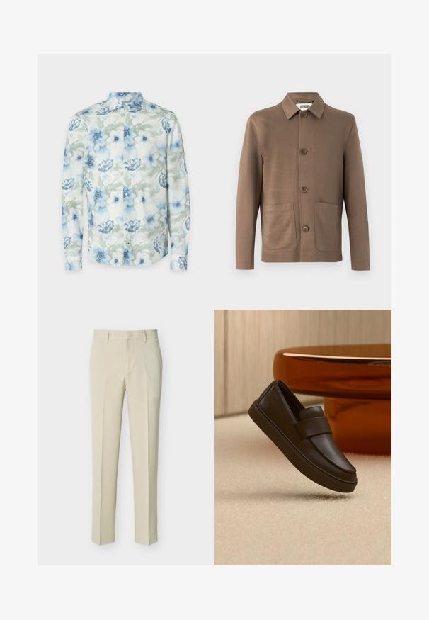 Veste marron avec un col, fermeture à boutons et deux poches avant. Tissu lisse, design minimaliste et coutures discrètes.; Chemise à manches longues en tissu léger, ornée de fleurs aquarelles bleu et vert, avec des boutons et un col classique.; Pantalon beige coupé droit avec passants de ceinture et fermeture éclair à l'avant, présenté sur un fond clair uni.; Une chaussure mocassin en cuir marron foncé flottant au-dessus d'un tapis crème avec une table ronde orange en arrière-plan.