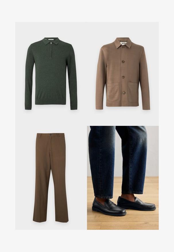 Braune Jacke mit Kragen, Knopfverschluss und zwei Fronttaschen. Glatter Stoff, minimalistisches Design und dezente Nähte.; Dunkelgrüner Langarm-Polo-Pullover mit Viertelreißverschluss sowie gerippten Bündchen und Saum, vor einem schlichten hellen Hintergrund präsentiert.; Braune, gerade geschnittene Hosen aus strukturiertem Stoff, mit Knopfverschluss und normalem Bund, seitlichen Taschen und taillierten Nähten.; Schwarze Lederlofer mit gestickten Details und strukturierten Akzenten, getragen mit dunklem Denim, der ein lässiges und schlankes Design zur Schau stellt.
