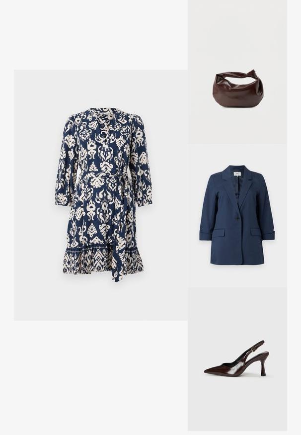Marineblauer Blazer mit einem Knopf, Revers mit Kerbe, Klappentaschen und dreiviertellangen Ärmeln, dargestellt auf weißem Hintergrund.; Marineblaues Kleid mit cremefarbenem abstraktem Muster, 3/4-Ärmel, V-Ausschnitt, tailliert und mit ausgestelltem Saum und dekorativem Rand.; Braune lackleder Slingback-Absätze mit spitzem Zehen, einem dünnen Absatz und einem verstellbaren Riemen mit einer kleinen Schnalle.; Dunkelbraune Lederschultertasche mit weicher, lockerer Form und einem gedrehten Knotengriff vor schlichtem weißem Hintergrund.