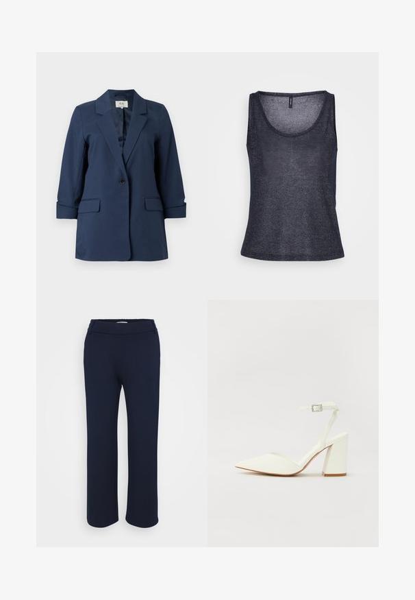 Marineblauw blazer met knoopsluiting, inkeping op de revers, klepzakken en driekwart mouwen, weergegeven op een witte achtergrond.; Marineblauwe tanktop van lichtgewicht, gestructureerde stof met een ronde halslijn en een overall ontspannen pasvorm. Geen aanvullende ontwerpd detalhes opgemerkt.; Marineblauwe rechte broek van rekbare stof, met een platte tailleband en twee zijzakken voor functionaliteit.; Witte hakken sandaal met een puntige neus, verstelbaar enkelbandje en een stevige vierkante hak. Gladde textuur met minimale stiksels.