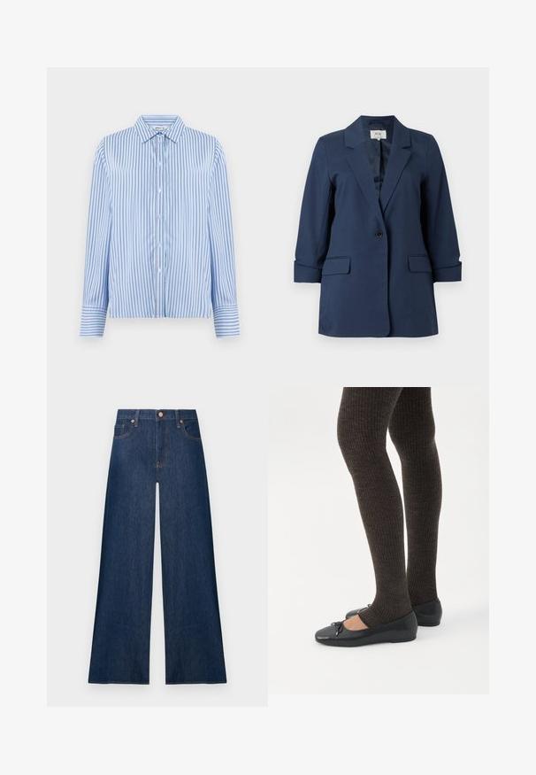 Marineblå blazer med en enkelt knap, hakrevers, klaplommer og trekvartlange ærmer, vist på en hvid baggrund.; Button-up skjorte i lyseblå og hvide lodrette striber. Har krave og lange ærmer med knapmanchetter. Glat tekstur.; Mørkeblå vidde jeans i denim med knapper foran og lommer, vist mod en ensfarvet lys baggrund.; Ben iført mørke ribbede leggings kombineret med sorte balletsko med små sløjfedetaljer på hvid baggrund.