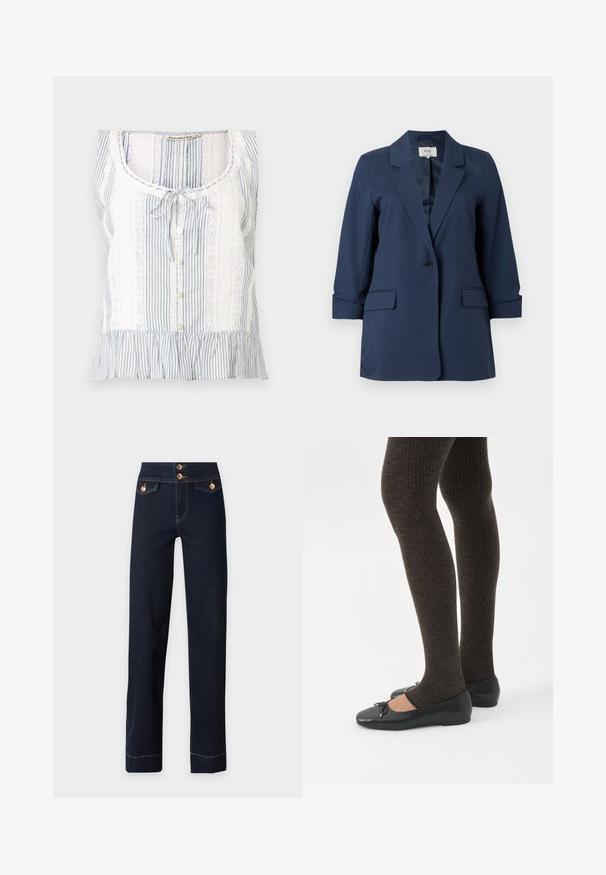 Blazer bleu marine à un bouton avec revers crantés, poches à rabat et manches trois-quarts, présenté sur fond blanc.; Blouse sans manches à rayures bleues et blanches avec panneaux en dentelle, boutons devant, col noué et ourlet à volants.; Jean bleu foncé taille haute avec jambes droites, boutons en cuivre, poches à rabat à l'avant et coutures jaunes visibles.; Jambes portant des leggings côtelés foncés associés à des ballerines noires avec de petits détails en nœud sur fond blanc.