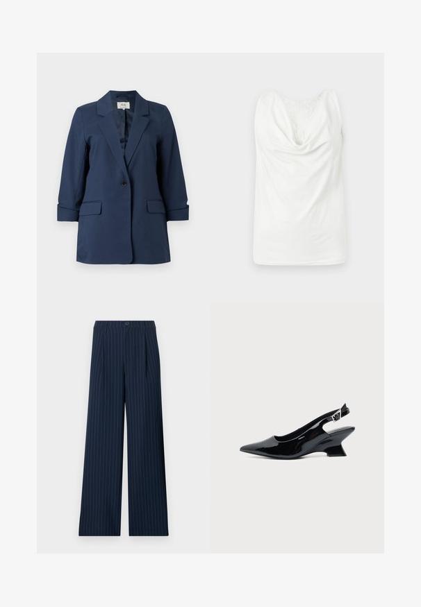 Blazer bleu marine à un bouton avec revers crantés, poches à rabat et manches trois-quarts, présenté sur fond blanc.; Blouse blanche sans manches avec col bénitier et panneau en dentelle sur le haut de la poitrine, présentée à plat sur un fond clair.; Pantalon large à rayures fines bleu marine avec passants pour ceinture, bouton avant et plis, présenté à plat sur fond blanc.; Chaussure slingback en cuir verni noir avec bout pointu et petit talon bloc incliné sur fond clair uni.