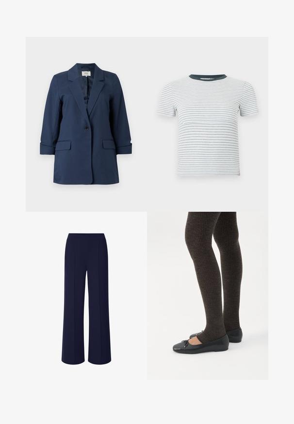 Marineblå blazer med en enkelt knap, hakrevers, klaplommer og trekvartlange ærmer, vist på en hvid baggrund.; Hvid kortærmet ribbet t-shirt med tynde horisontale sorte striber og en ensfarvet mørkegrå rund halsudskæring.; Marineblå, vide bukser lavet af et blødt, strækbart stof; har frontfolder og en elastisk talje for komfort og bevægelsesfrihed.; Ben iført mørke ribbede leggings kombineret med sorte balletsko med små sløjfedetaljer på hvid baggrund.