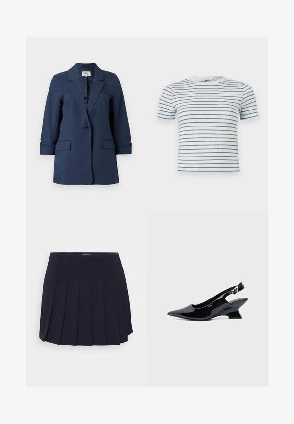 Blazer bleu marine à un bouton avec revers crantés, poches à rabat et manches trois-quarts, présenté sur fond blanc.; T-shirt blanc à manches courtes en maille côtelée avec fines rayures horizontales bleues et un col rond.; Jupe plissée navy en tissu lisse. Dotée d'une ceinture et de plis verticaux distincts, offrant une silhouette structurée.; Chaussure slingback en cuir verni noir avec bout pointu et petit talon bloc incliné sur fond clair uni.