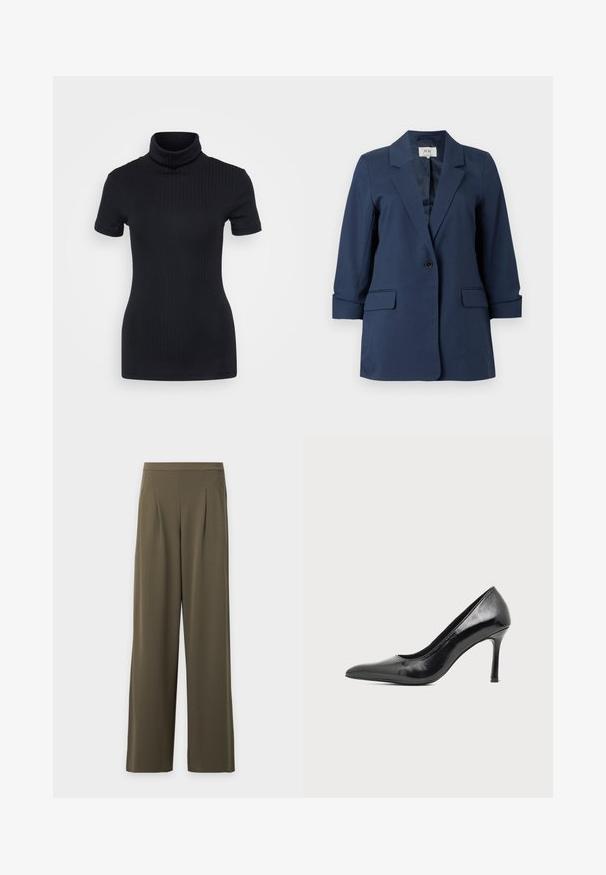Marineblauw blazer met knoopsluiting, inkeping op de revers, klepzakken en driekwart mouwen, weergegeven op een witte achtergrond.; Zwart geribbelde coltrui, korte mouwen, slank ontwerp, zachte textuur, minimale naden en een hoge kraag.; Olijfgroene wijde broek met hoge taille, plooien aan de voorkant en rechte zomen, weergegeven tegen een effen witte achtergrond.; Zwarte lakleren damesschoen met hoge hak, puntige neus en smalle hak op een effen lichte achtergrond.