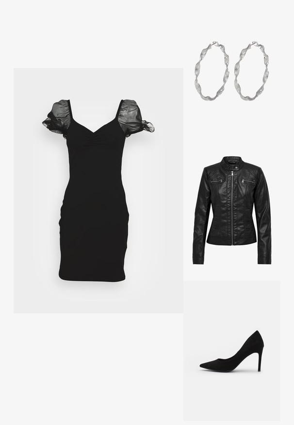 Chaqueta de cuero negra con cuello alzado, cierre frontal con cremallera y dos bolsillos con cremallera en el pecho. Presenta costuras estructuradas y una silueta ajustada.; Even&Odd DRESS - Vestido de cóctel - black; Zapato de tacón alto de ante negro con punta afilada, textura suave y tacón de aguja delgado. Diseño clásico con una silueta elegante.; Pendientes de aro de plata con un diseño retorcido, que presentan una superficie texturizada y un cierre seguro. Ligeros y reflectantes con un acabado elegante.