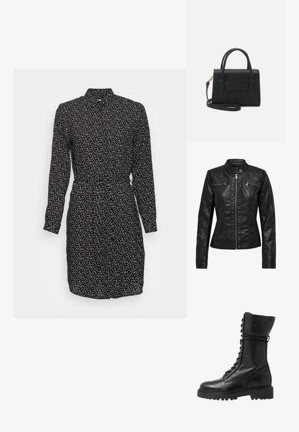 Schwarze Lederjacke mit Stehkragen, Reißverschluss vorne und zwei Brusttaschen mit Reißverschluss. Verfügt über strukturierte Nähte und eine taillierte Silhouette.; Schwarzes Kleid mit einem weißen Polkadot-Muster, langen Ärmeln, Knopfverschluss und tailliertem Bund. Glattes Material mit einem Kragen.; Schwarze Lederkampfstiefel mit strukturierter Oberfläche, knielanger Ausführung, schnürbarem Vorderteil und einer robusten Gummisohle mit geriffeltem Muster.; Schwarze strukturierte Handtasche aus Leder mit einem oberen Tragegriff, abnehmbarem Schulterriemen und einer Klappe auf der Vorderseite. Akzente in Goldmetall.