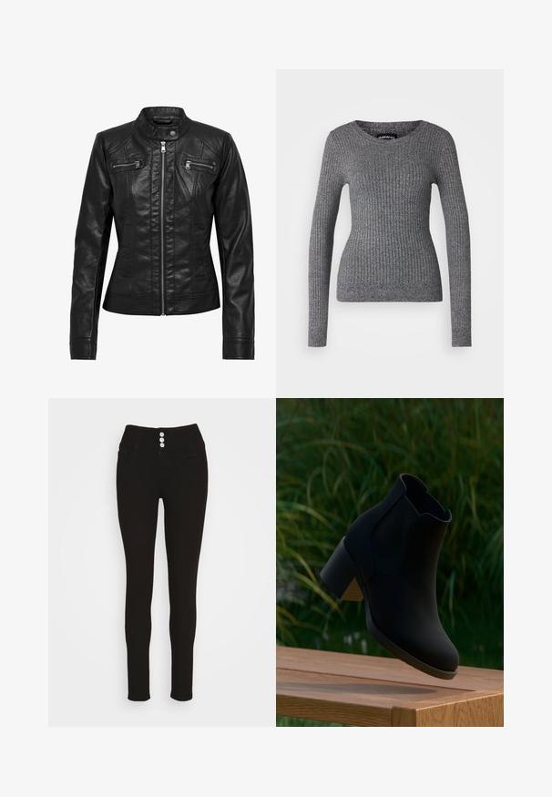 Sort læderjakke med ståkrave, lynlåslukning foran og to brystlommer med lynlås. Har strukturerede sømme og en tætsiddende silhuet.; Grå ribbet sweater med lange ærmer og scoop-halsudskæring. Lavet af struktureret strikstof, med en tætsiddende silhuet.; Vero Moda VMDONNA - Jeans Skinny Fit - black; Sort ankelstøvle med blokhæle svævende over en træbænk, med grønt græs i baggrunden.