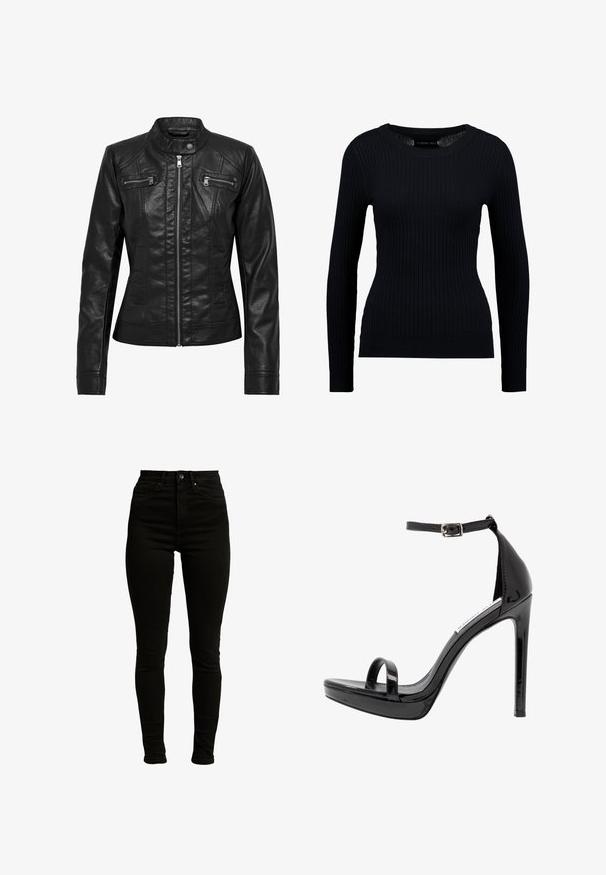 Schwarze Lederjacke mit Stehkragen, Reißverschluss vorne und zwei Brusttaschen mit Reißverschluss. Verfügt über strukturierte Nähte und eine taillierte Silhouette.; Schwarzer, gerippter Langarmpullover mit rundem Halsausschnitt und taillierter Silhouette. Die Textur ist glatt mit einem dezenten Stretch.; Schwarze hochgeschnittene Skinny-Jeans aus Denim mit leichtem Stretch, ausgestattet mit einem Reißverschluss, einem einzelnen Knopfverschluss und einem Fünf-Taschen-Design.; Steve Madden MILANO - High Heel Sandalette - black