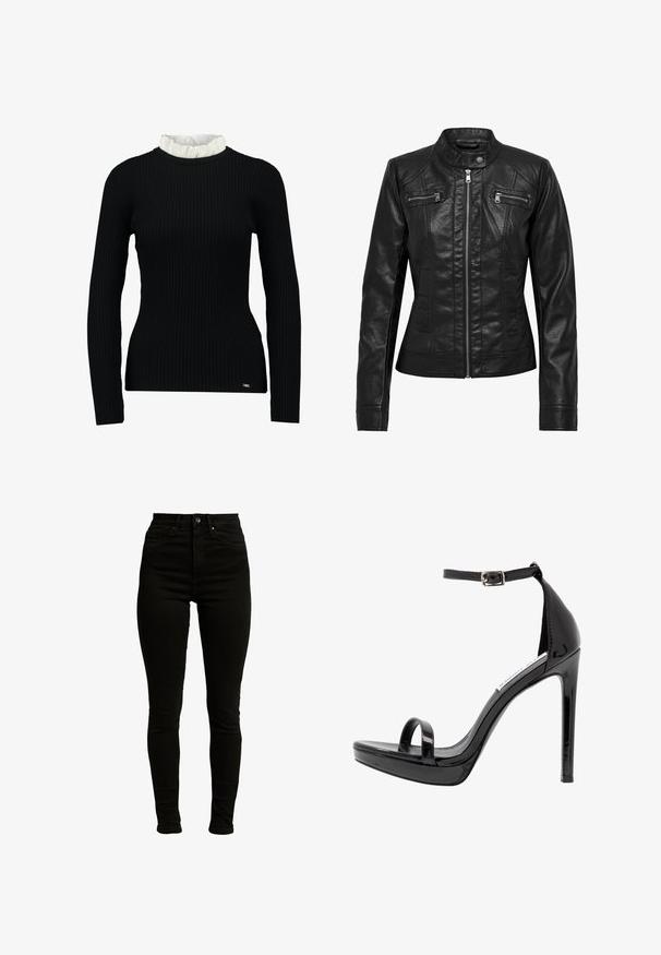 Veste en cuir noire avec col montant, fermeture éclair à l'avant et deux poches zippées sur la poitrine. Caractéristiques : coutures structurées et silhouette ajustée.; Haut noir à manches longues côtelé avec un col en dentelle blanc, affichant une silhouette ajustée et une texture douce. Logo subtil à l'ourlet.; Jeans skinny noirs taille haute en denim légèrement extensible, avec une fermeture éclair, un bouton unique et un design à cinq poches.; Steve Madden MILANO - Sandales à talons hauts - black