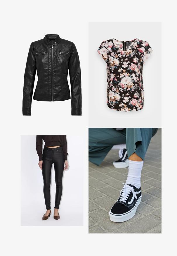 Schwarze Lederjacke mit Stehkragen, Reißverschluss vorne und zwei Brusttaschen mit Reißverschluss. Verfügt über strukturierte Nähte und eine taillierte Silhouette.; ONLY ONLVIC SS AOP TOP NOOS PTM - Bluse - black; Frau trägt schwarze, hoch taillierte Skinny-Hosen, ein kurz geschnittenes dunkelbraunes Hemd mit Knöpfen und braune spitze Schuhe mit Absatz.; Schwarze Wildledersneaker mit weißen Akzenten und Schnürsenkeln, ausgestattet mit einer dicken weißen Sohle und kontrastierenden Nähten, kombiniert mit einer weißen Socke.
