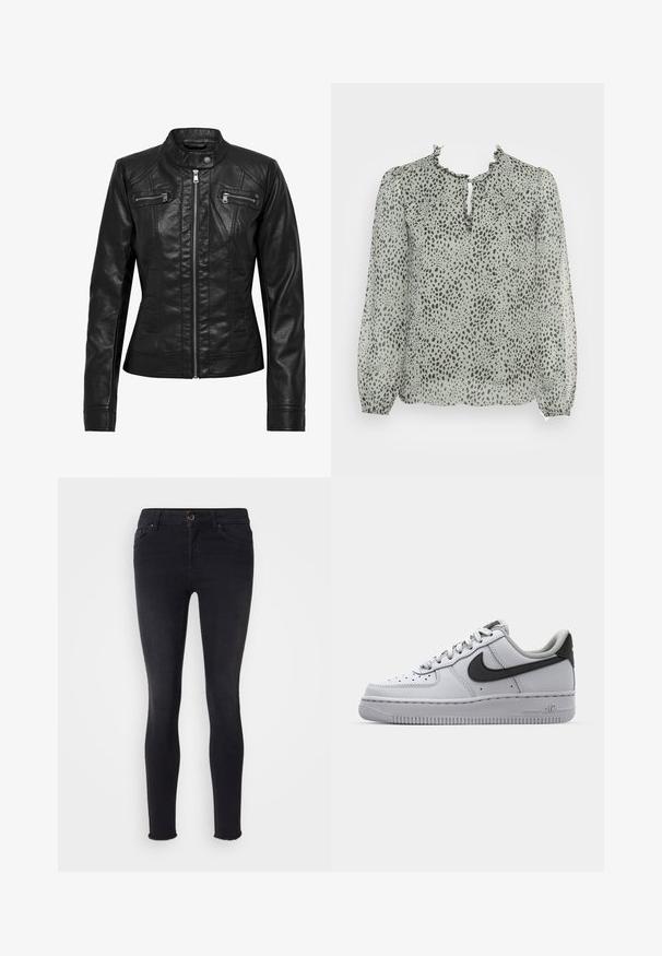 Sort læderjakke med ståkrave, lynlåslukning foran og to brystlommer med lynlås. Har strukturerede sømme og en tætsiddende silhuet.; ONLY ONLDITSY BLOUSE - Bluse - seagrass aop/dot leo; Sorte skinny jeans i denim-materiale med en mellemhøj talje, frontlommer og en rå kant ved anklerne. Klassisk fem-lomme design.; Hvide lædersko med grå accenter, rund tå, tekstureret overflade, polstret krave og kontrasterende sort swoosh-logo. Luftdæmpende sål.
