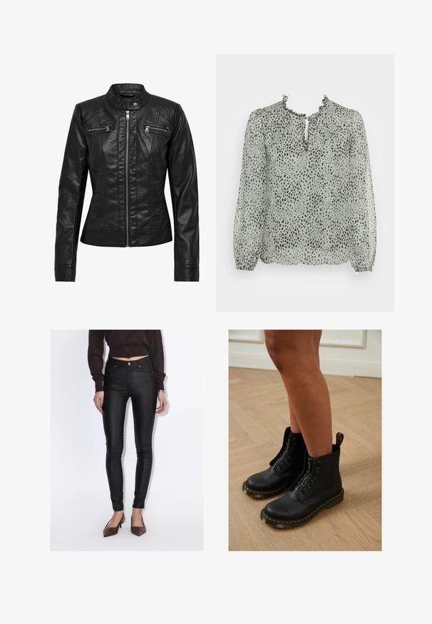 Sort læderjakke med ståkrave, lynlåslukning foran og to brystlommer med lynlås. Har strukturerede sømme og en tætsiddende silhuet.; ONLY ONLDITSY BLOUSE - Bluse - seagrass aop/dot leo; Kvinde iført sorte høj-taljede skinny bukser, en kropsnær mørkebrun knapbluse og brune spidse hæle.; Sorte læder ankelstøvler med lynlås og snøredesign, der har gule stikninger og en tyk, struktureret sål.