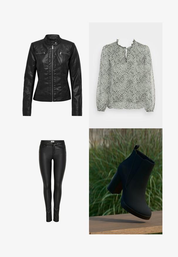 Veste en cuir noire avec col montant, fermeture éclair à l'avant et deux poches zippées sur la poitrine. Caractéristiques : coutures structurées et silhouette ajustée.; ONLY ONLDITSY BLOUSE - Blouse - seagrass aop/dot leo; Pantalons en faux cuir noir slim-fit avec bouton avant, fermeture à glissière et passants de ceinture, présentés sur un fond blanc.; Bottine noire en matériau lisse, dotée d'un talon bloc et de détails de couture subtils. Le design est élégant avec une fermeture éclair frontale.