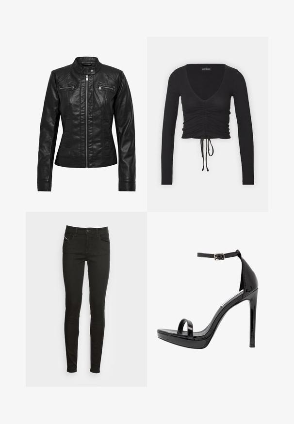 Zwarte leren jas met een staande kraag, rits aan de voorkant en twee borstzakken met rits. Heeft gestructureerde naden en een slim-fit silhouet.; Zwarte geribbelde lange mouwen crop top met een diepe V-hals, geplooide details aan de voorkant en een verstelbare strik aan de zoom.; Zwarte slim-fit jeans met voorzakken, riemlussen, knoopsluiting en rits, weergegeven tegen een witte achtergrond.; Steve Madden MILANO - Sandalen met hoge hak - black