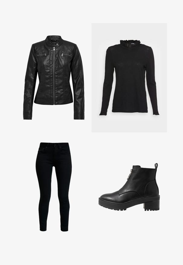 Zwarte leren jas met een staande kraag, rits aan de voorkant en twee borstzakken met rits. Heeft gestructureerde naden en een slim-fit silhouet.; Zwarte langemouwen top met een hoge ruches halslijn en licht uitlopende mouwen, gemaakt van een zachte, gestructureerde stof en met een gestroomlijnde pasvorm.; Zwarte denim skinny jeans met een gladde textuur, vijf zakken en metalen hardware. Kenmerkt zich door een klassieke taille en een aansluitend beenontwerp.; Zwarte leren enkelboot met een zijrits, stevige zwarte hak en een getextureerde zool voor grip. Gladde afwerking met minimale accenten.
