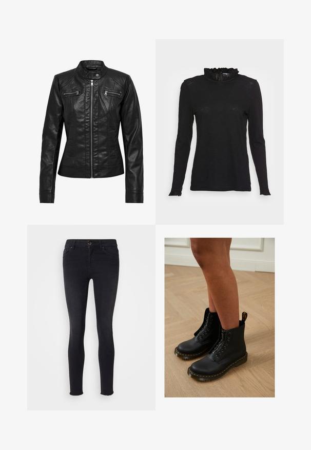 Veste en cuir noire avec col montant, fermeture éclair à l'avant et deux poches zippées sur la poitrine. Caractéristiques : coutures structurées et silhouette ajustée.; Haut noir à manches longues avec un col haut à volants et des poignets légèrement évasés, fait d'un tissu doux et texturé, offrant une coupe épurée.; Jean skinny noir en denim, avec une taille mi-haute, des poches avant et un ourlet brut au niveau des chevilles. Design classique à cinq poches.; Bottines en cuir noir avec fermeture éclair et design à lacets, arborant des coutures jaunes et une semelle épaisse et texturée.